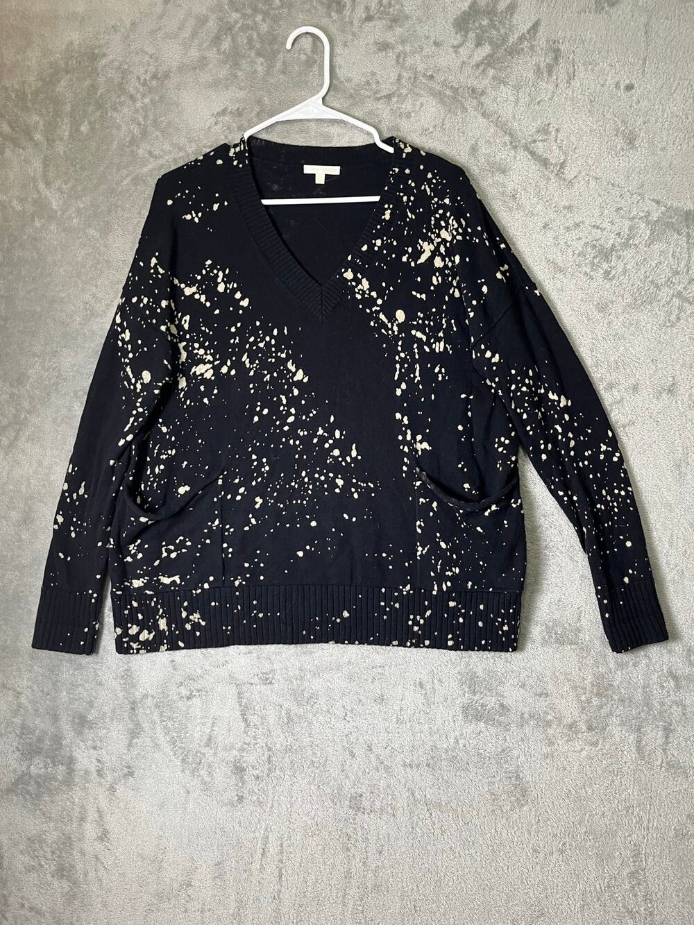 Lisa Todd Cotton Cashmere Sweater Medium Black Cream Splatter V Neck Artsy